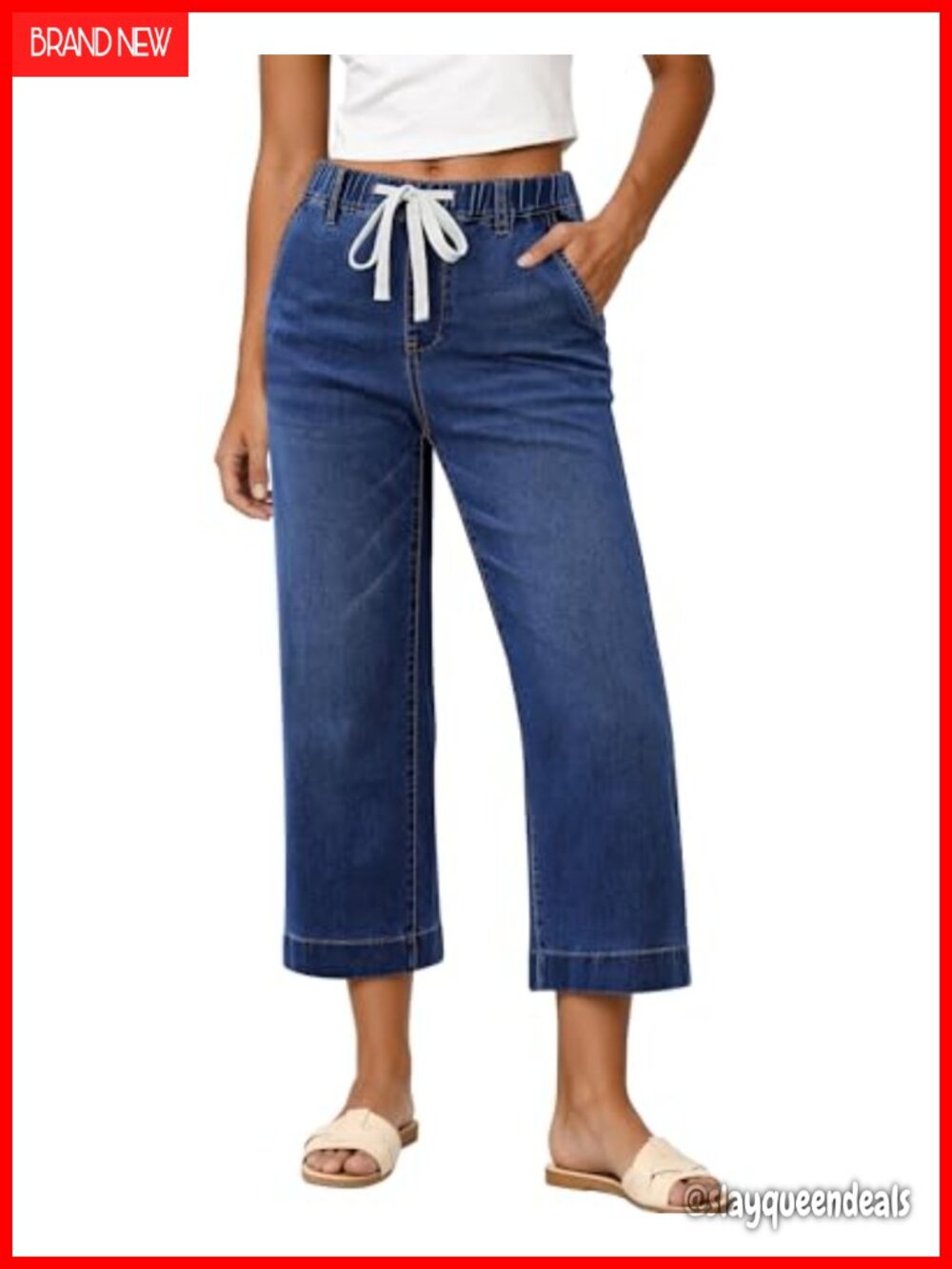 Capri Jeans for Women Trendy Wide Leg High Waisted Pull On Elastic Waist Summer
